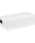 Heavy Duty 50 Quart Stackable Plastic Storage Bins With Snap Tight Secure Lids Clear Organizers For Home Office Dorm Room Garage No Sweat Bulk Pack Of Three, shown stacked.