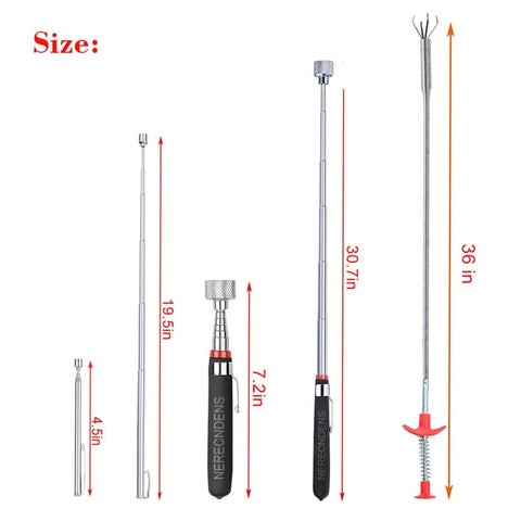 Amazon three-piece pickup tool set with extendable magnetic grabbers and flexible claw heads; metal shafts, up to 36 inches.