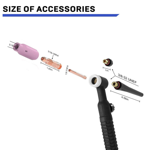 Versatile 8-in-1 multiprocess welder accessories, including torch and connectors shown with measurements, 120V/240V compatibility.