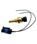 Front view of YCUPONE coolant temperature sensor with pigtail; brass threaded sensor and blue locking connector