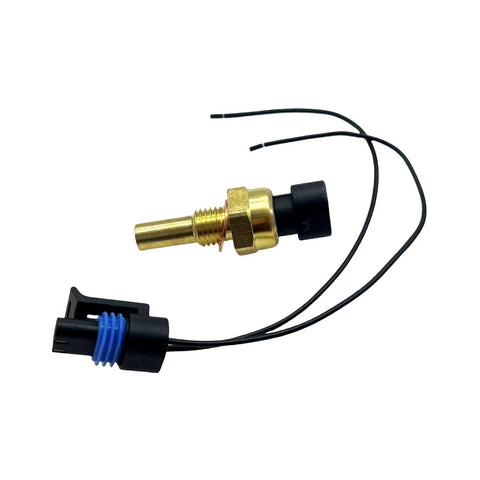 Front view of YCUPONE coolant temperature sensor with pigtail; brass threaded sensor and blue locking connector