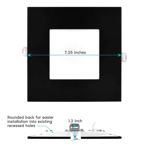 Front view of Six Inch Ultra Thin Square Recessed LED Downlight Kit Four Pack With Five Color Temp Options 2700K To 5000K Dimmable 12W IC And Wet Rated 1000 Lumens Canless Black Trim showing dimensions.
