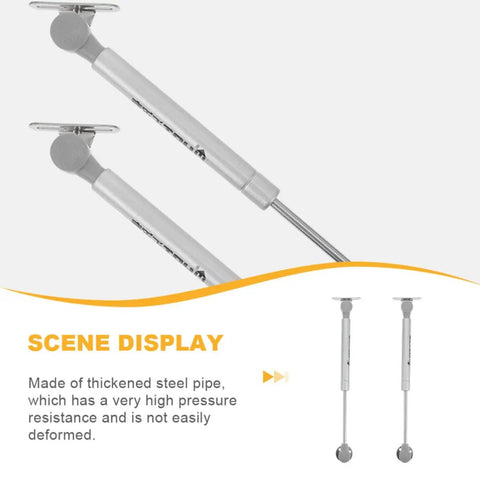 Close-up of 2 Pack Gas Spring Lid Support Hinges for Cabinets and Boxes with text stating high pressure resistance and durability.