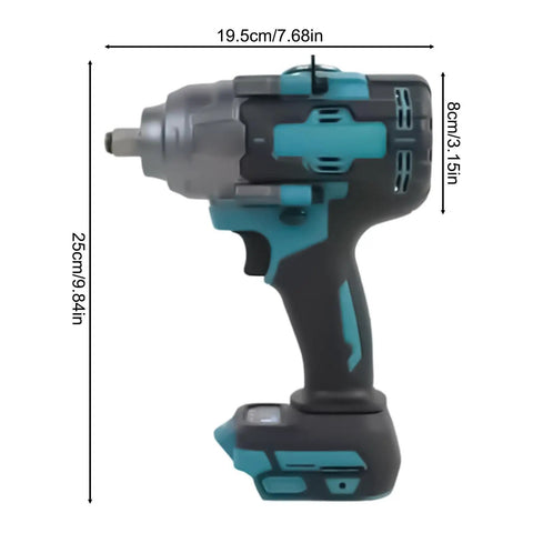 Side view of Heavy Duty 1000Nm Electric Brushless Shock Torque Wrench For Cars, 25cm long, ergonomic grip for easy use.