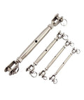 Rock Hard 304 Stainless Steel Swivel Jaw Turnbuckles For Marine Sailboat Rigging And Heavy Duty Tie Downs Includes Five Piece Assorted Size Kit From M5 To M20 That Holds Dead Nuts Tight Season After Season. Assorted sizes from M5 to M20 compactly arranged.