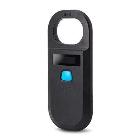 Pet Microchip Scanner 134.2KHz and 125KHz EMID FDX-B ISO 11784 Or 11785 Reader, black handheld device with blue button and OLED display.