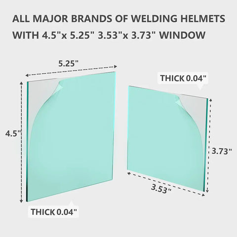 Grind Ready Welding Helmet Clear Cover Lens Kit With Replacement Scratch Resistant Polycarbonate Shields For Daily Use Reliable Heavy Duty Eye Safety Gear To Keep Your Face Protected While You Tackle Metal Jobs Smoothly And Safely showing dimensions of two clear polycarbonate replacement shields.