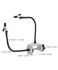 Third Hand Soldering Station With Flexible Two Arms DIY Friendly Table Vise Clamp for PCB Assembly and Circuit Board Repair Projects Durable Aluminum Alloy Helping Hands Tool for Precise Work, measurements shown