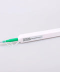 Fiber optic cleaner pen, side view; white body with green grip and removable cap