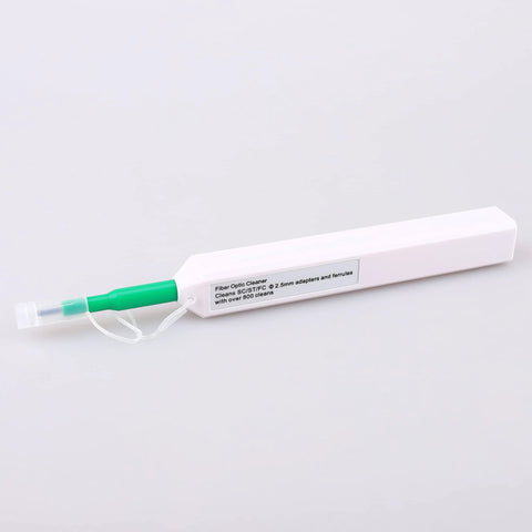 Fiber optic cleaner pen, side view; white body with green grip and removable cap