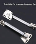 Heavy Duty Drop Leaf Support Hardware For Kitchen Cabinets Soft Close Flap Stay Damper Gas Springs with silver finish and hinges.