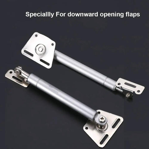 Heavy Duty Drop Leaf Support Hardware For Kitchen Cabinets Soft Close Flap Stay Damper Gas Springs with silver finish and hinges.