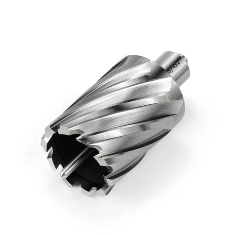 Close-up view of HSS annular cutter with spiral flutes and Weldon shank, 1-3/4 in diameter, 2 in depth of cut.