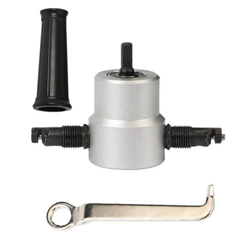Double Head Nibbler For Sheet Metal Cutting With 360 Degree Adjustable Heads, showing drill accessory parts and wrench.