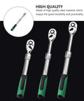 Heavy Duty Badass Shop Rated Steel Expanding Ratchet Wrench Featuring Lightning Fast 72-Tooth Swivel Action Quick Release Ergonomic Handle for all standard sockets arranged in a row.