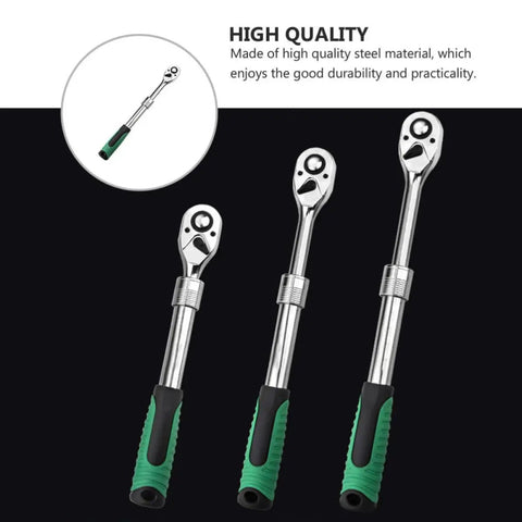 Heavy Duty Badass Shop Rated Steel Expanding Ratchet Wrench Featuring Lightning Fast 72-Tooth Swivel Action Quick Release Ergonomic Handle for all standard sockets arranged in a row.