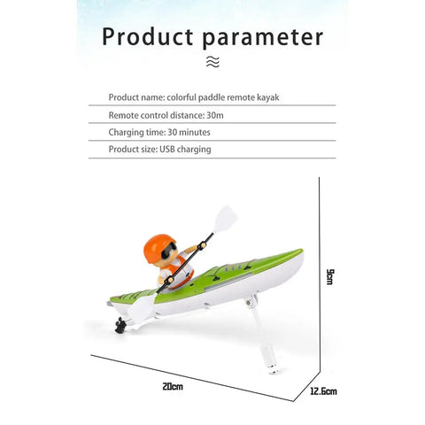 Rad 2.4G RC Kayak With Patented Paddling Propulsion Anti Capsize Design LED Lights, remote control specs and dimensions shown