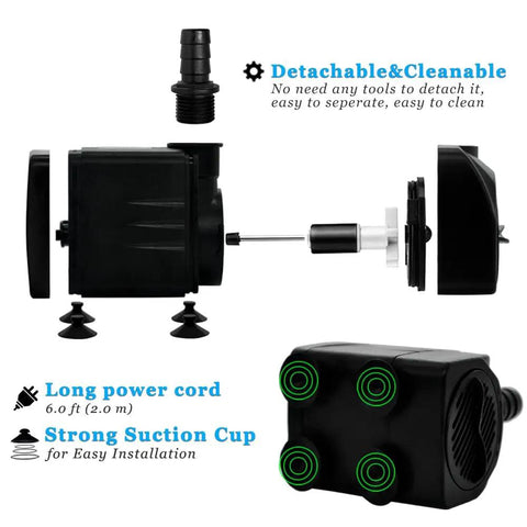 Diagram showing parts of Quiet Submersible Pump 400 GPH With 5 Ft Tubing For Pond Fountain Aquarium Fish Tank Hydroponics No Frills