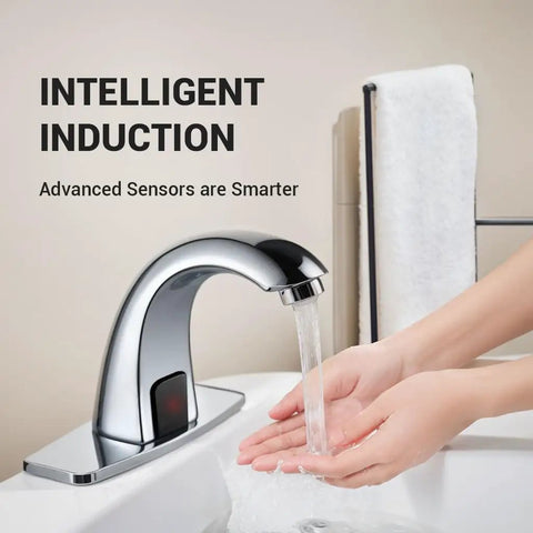 Automatic Sensor Touchless Bathroom Sink Faucet In Chrome Hands Free Battery Powered Modern Vanity Tap With Deck Plate