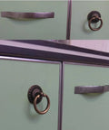 Antique Bronze Ring Pull Knob Set For Cabinets And Dressers, Vintage Drawer Pulls With Screws, on green cabinet doors.