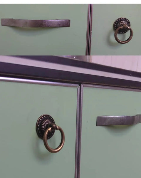 Antique Bronze Ring Pull Knob Set For Cabinets And Dressers, Vintage Drawer Pulls With Screws, on green cabinet doors.