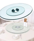 Heavy Duty Turntable Lazy Susan Tempered Glass Serving Tray 20 To 39 Inch Diameters Anti Tilt Swivel Plate displayed on table