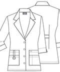 Illustration of Contemporary Fit Women's Three Quarter Sleeve Twill Lab Coat 30 Inch Length White Notched Lapels Button Front