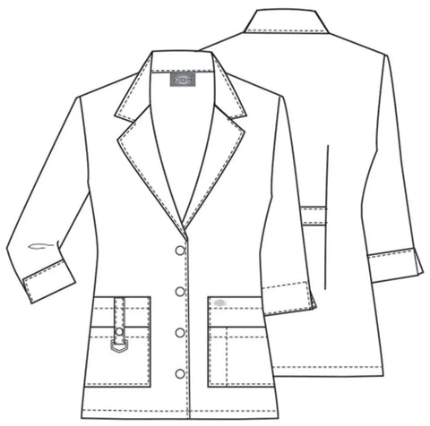 Illustration of Contemporary Fit Women's Three Quarter Sleeve Twill Lab Coat 30 Inch Length White Notched Lapels Button Front