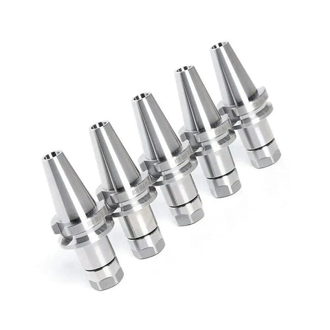 Five Piece BT30 ER16 Collet Chuck Tool Holder Set for CNC Mills and Drills, 2.76 Inch 70mm Shank, arranged in a row