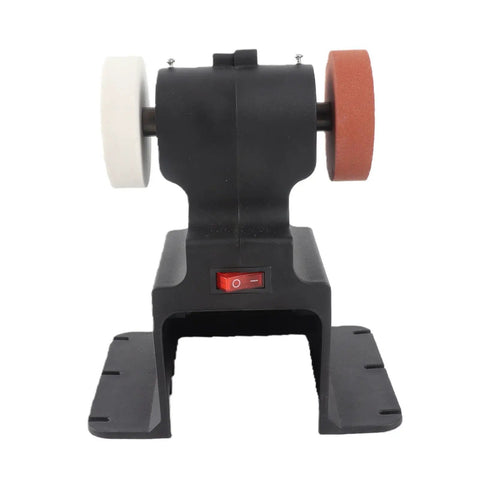 Cordless Mini Bench Grinder Compatible With 18V Battery Power And A Rock Solid Workbase. Features metal motor and dual polishing wheels.