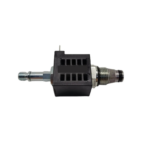 Industrial Grade Heavy Duty Manual Solenoid Lowering Valve 20V NC Black Housing for Vertical Mast Lift Forklifts, side view.