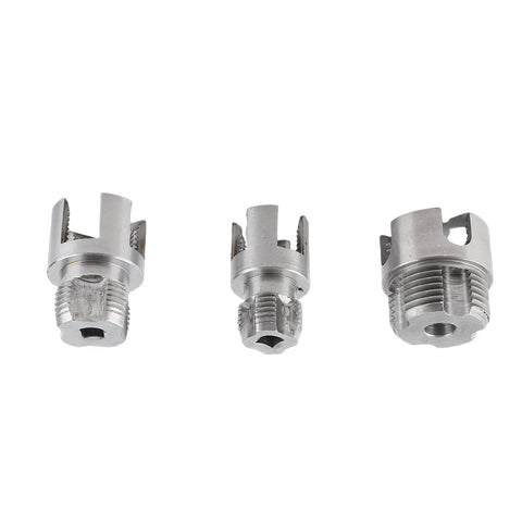 Heavy Duty Electric Drill Pipe Threader With 1/4 Inch Hex Shank for threading; three metal thread adapters shown.