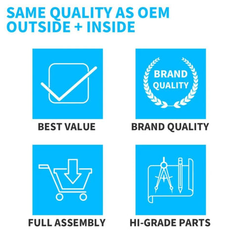 Infographic with text 'Same Quality as OEM Outside + Inside', icons for best value, brand quality, full assembly, hi-grade parts.