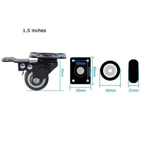 Rock Solid 1.5 Inch Caster Wheels 4 Pack Heavy Duty Industrial Swivel Trolley Casters With Brakes, 1.5 inch PU wheel with dimensions.