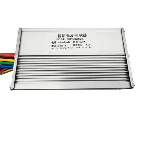 Brushless DC Motor Controller for E Bikes and Scooters, compatible with 48V 60V 64V, 500W, aluminum alloy housing, front view