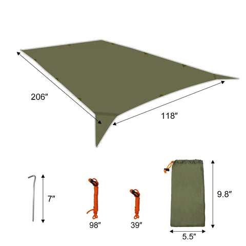 Big Ol 17x10 Ft Camping Tarp Shelter Waterproof UV-Resistant Rain Fly For Hammocks And Tents with accessories and dimensions