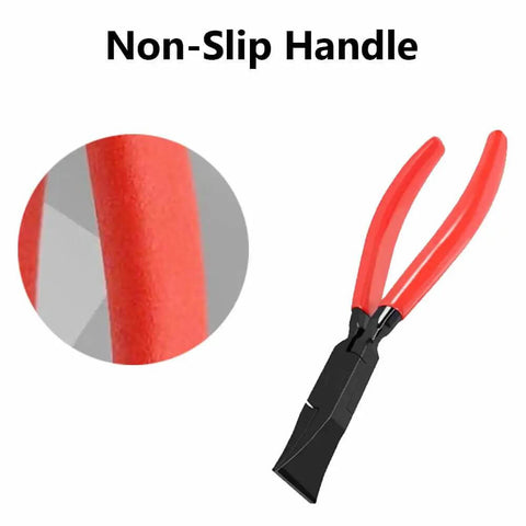 Close-up of red non-slip handle on Three Piece Sheet Metal Bender Pliers Set For Roofing And HVAC Ductwork, Carbon Steel Hand Seamer Pliers