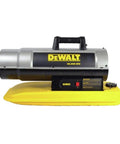 Rock Solid 50K Btu Forced Air Kerosene Heater For Job Sites And Workshops Portable industrial heater with yellow base and black controls.