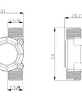 Technical drawing of Water Flow Sensor 0.3-10 L/Min Hall Effect Turbine Meter With G3/8 Thread, DC 3.5-24V dimensions