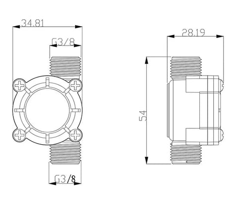 Technical drawing of Water Flow Sensor 0.3-10 L/Min Hall Effect Turbine Meter With G3/8 Thread, DC 3.5-24V dimensions