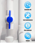 Heavy Duty 1/2 Inch PVC Ball Valve Sch40 Socket To Socket Shut Off Valve For Plumbing Irrigation Pool Spa With Blue Handle And Built Tough Zero Drip Seal Pack Of 5 blue handle on PVC ball valve against white pipes.