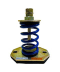 Straight Up Heavy Duty Open Spring Vibration Isolator With Six Millimeter Ribbed Rubber Pad Two Twenty Pound Load Rating One Inch Travel Pack Of Four Blue Coils, featuring a blue coil spring and metal base.