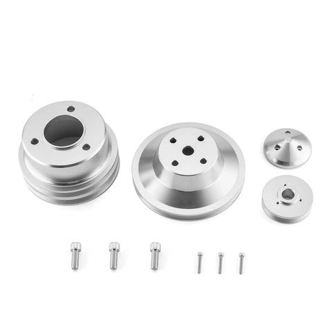 Solid Aluminum Pulley Kit For Big Block Chevy 396 427 454 V-Belt Long Water Pump Setup, silver pulleys and bolts