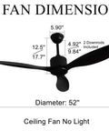 52 Inch No Light Ceiling Fan With Remote Control Low Profile White Finish 3 Blades Modern DC Motor Energy Efficient