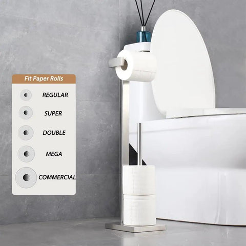 Free Standing Toilet Paper Holder for Bathroom Made From SUS 304 Stainless Steel With Brushed Finish beside toilet