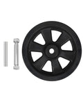 Front view of an 8-inch black trailer caster wheel with bolt and nut for RV, camper, and motorcycle trailers.