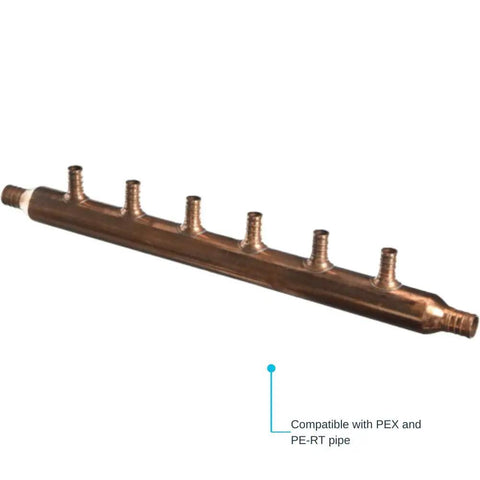 Six Port Open Crimp Copper Multi Port Tee for PEX and PE-RT Plumbing, 3/4 Inlet with 1/2 In Outlets shown on white background