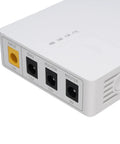 Mini Ups 6000 Mah Backup Juice For Router Modem showing dual DC ports and input connection for steady power during outages.