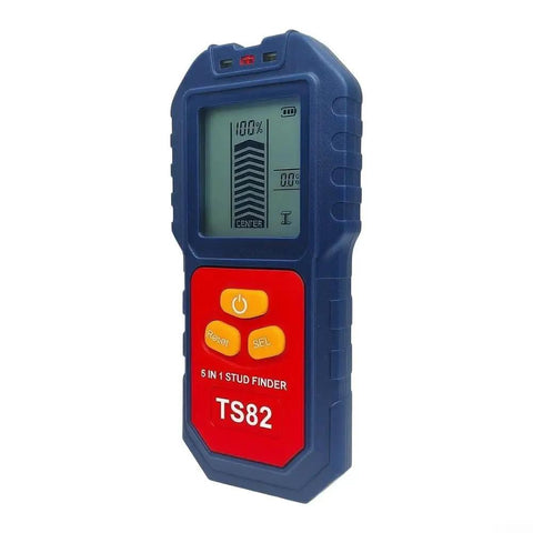 For Stud Finder Wall Scanner,5-in-1 Tester for stud Finder Metal Wire LCD, blue handheld device with buttons and LCD screen.
