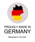 Circular badge showing Germany map silhouette in black red gold with Proudly Made in Germany and Repacked in Far East.